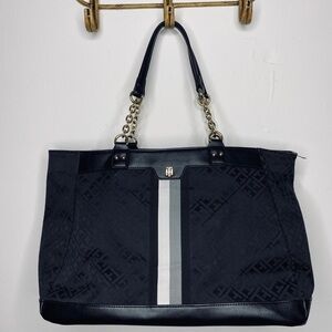Tommy Hilfiger Black Leather Monogram Tote Bag | Spacious Everyday Purse
